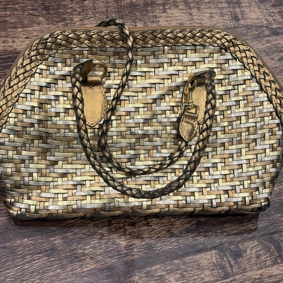 L.J.S Collection Gold and Brown Shoulder Bag with Basket-Weave Design - Picture 1 of 8